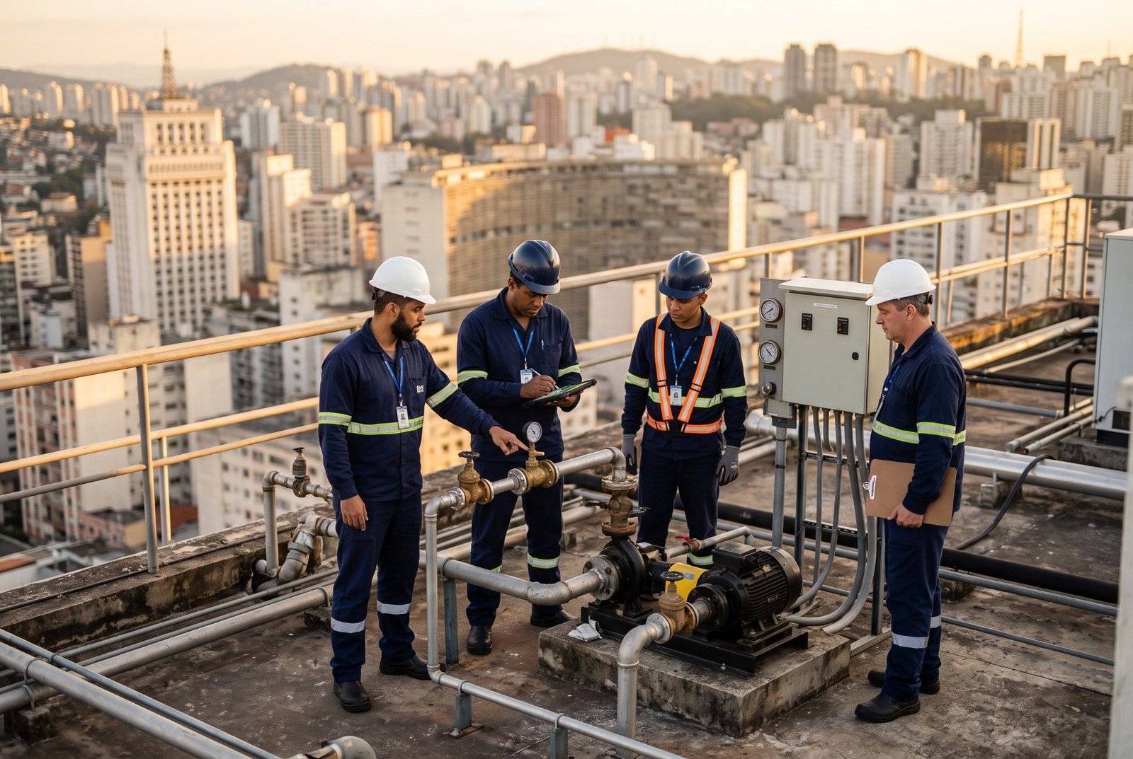 Equipe da Hertz em área técnica de cobertura de edifício