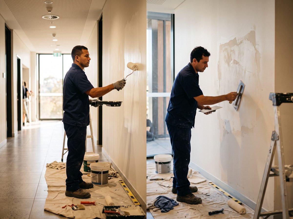 Equipe da Hertz executando pintura e reparos civis em edifício comercial
