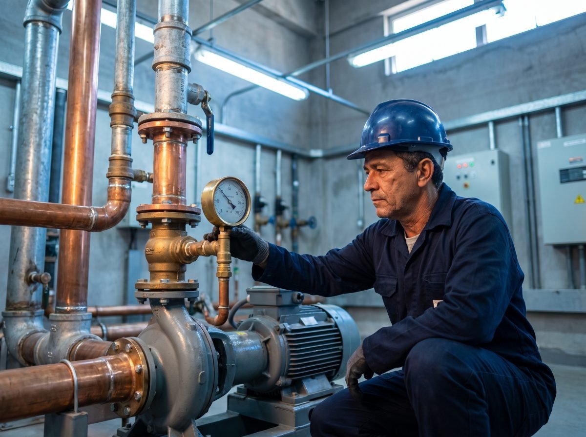 Técnico da Hertz inspecionando bombas e tubulações em casa de máquinas