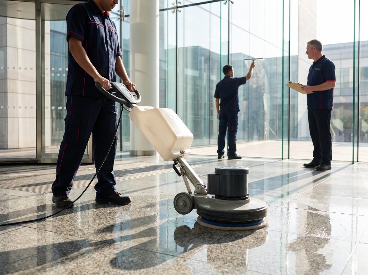 Equipe de limpeza terceirizada da Hertz em lobby corporativo
